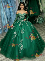 Green Tulle Off the Shoulder Appliques Quinceanera Dress