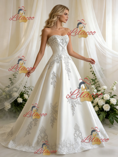 Beige White Satin Strapless Beading Wedding Dress