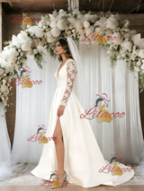 White Satin Long Sleeve V-neck Wedding Dress