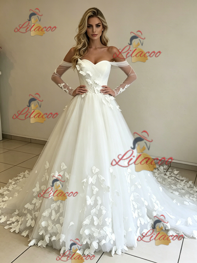 White Tulle Long Sleeve Butterfly Wedding Dress
