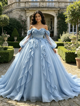 Blue Tulle Long Sleeve Appliques Quinceanera Dress