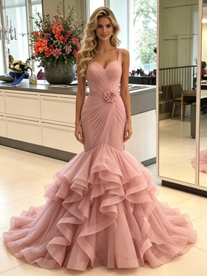 Pink Mermaid Straps Pleats Prom Dress