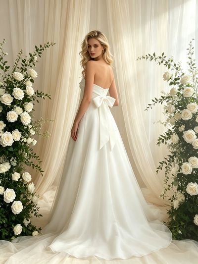 White Tulle Strapless Bow Wedding Dress