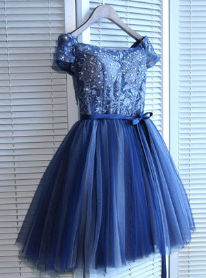 Blue Tulle Lace Off the Shoulder Homecoming Dress