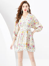 V-neck Lantern Sleeve Retro Printed Mini Dress