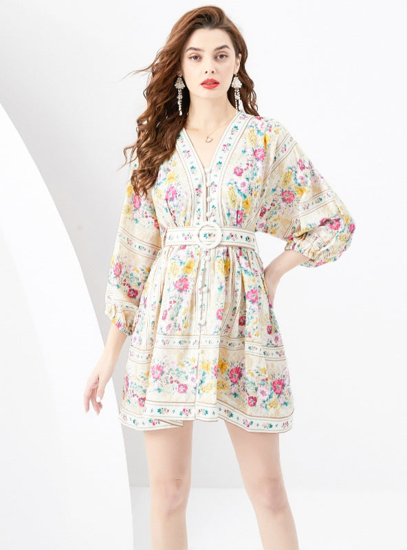 V-neck Lantern Sleeve Retro Printed Mini Dress