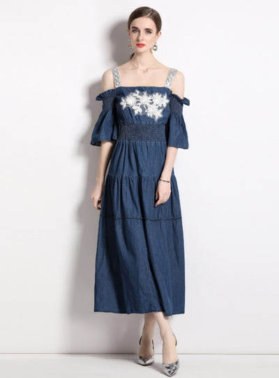 Short-sleeved Suspender Denim Dress