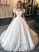 White Lace Puff Sleeve Wedding Dress