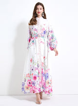 Holiday Flower Printed Lantern Sleeve Dress