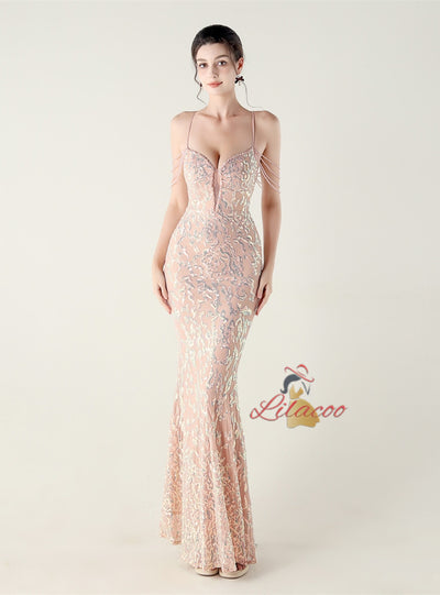 Mermaid Sequins Spaghetti Straps Beading Prom Dress
