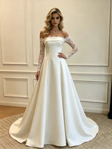 White Satin Lace Long Sleeve Wedding Dress