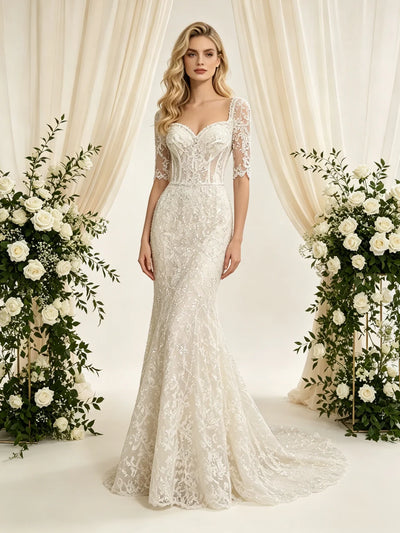 Ivory Mermaid Lace Short Sleeve Wedding Dress