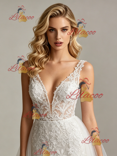 White Lace V-neck Wedding Dress