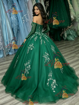 Green Tulle Off the Shoulder Appliques Quinceanera Dress