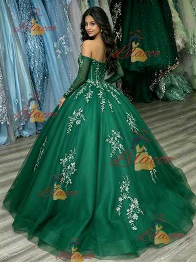 Green Tulle Off the Shoulder Appliques Quinceanera Dress