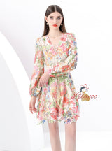 Retro V-neck Button-down Printed Short Dress