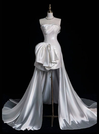 White Sheath Sequins Satin Wedding Dress