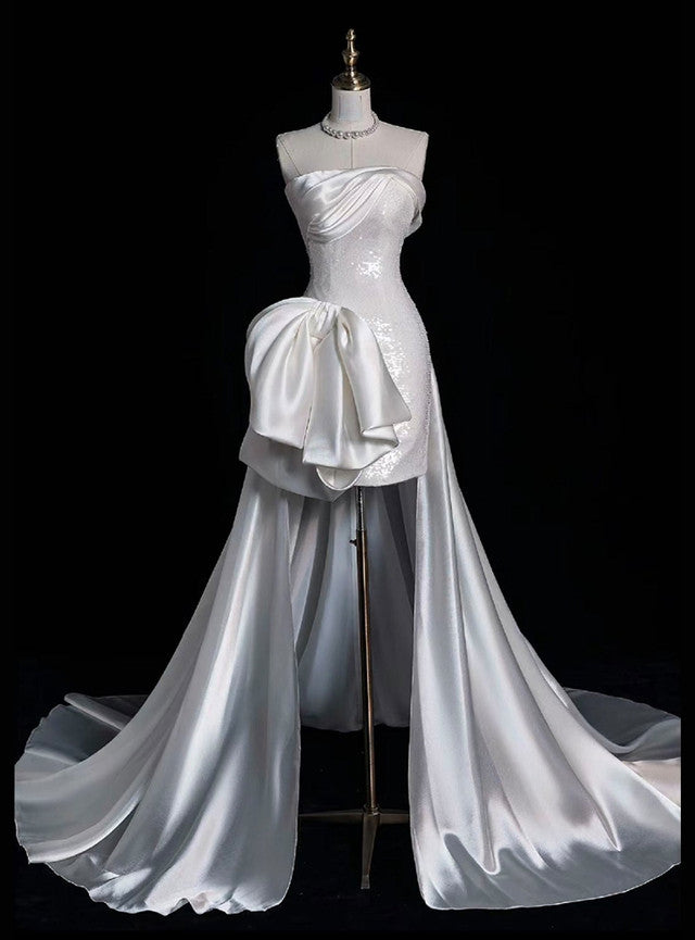 White Sheath Sequins Satin Wedding Dress