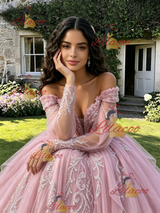 Pink Off the Shoulder Appliques Quinceanera Dress