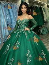 Green Tulle Off the Shoulder Appliques Quinceanera Dress