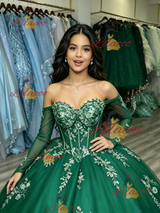 Green Tulle Off the Shoulder Appliques Quinceanera Dress