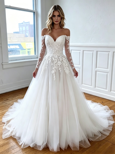 White Tulle Lace Appliques Wedding Dress