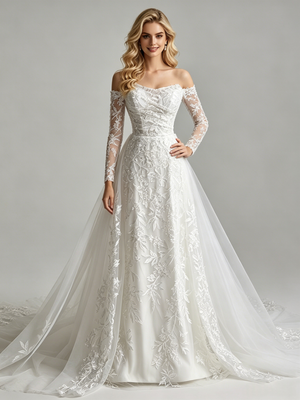 White Tulle Lace Strapless Long Sleeve Wedding Dress