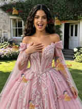 Pink Off the Shoulder Appliques Quinceanera Dress