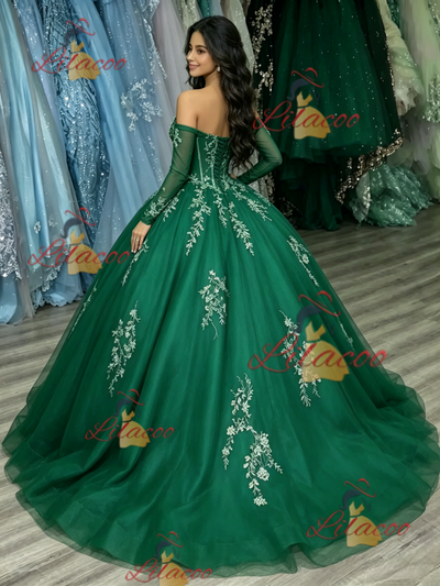 Green Tulle Off the Shoulder Appliques Quinceanera Dress
