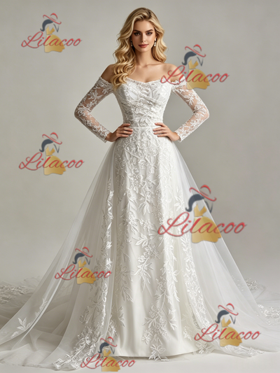 White Tulle Lace Strapless Long Sleeve Wedding Dress