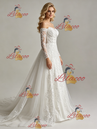 White Tulle Lace Strapless Long Sleeve Wedding Dress