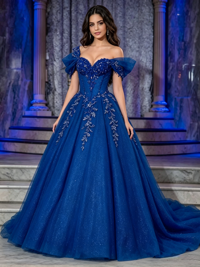 Blue Tulle Off the Shoulder Appliques Quinceanera Dress