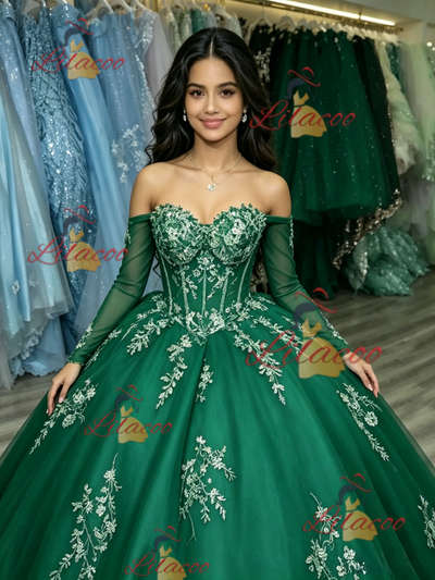Green Tulle Off the Shoulder Appliques Quinceanera Dress