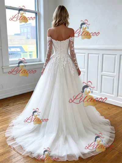 White Tulle Lace Appliques Wedding Dress