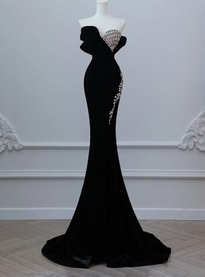 Black Mermaid Velvet Strapless Crystal Prom Dress