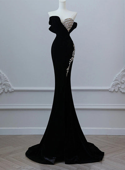 Black Mermaid Velvet Strapless Crystal Prom Dress