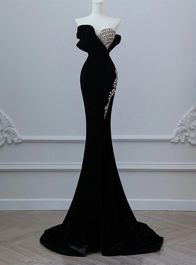Black Mermaid Velvet Strapless Crystal Prom Dress