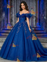 Blue Tulle Off the Shoulder Appliques Quinceanera Dress