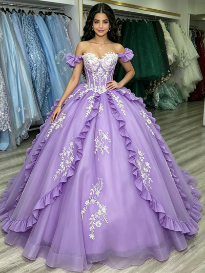 Purple Tulle Off the Shoulder Appliques Quinceanera Dress