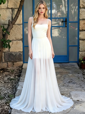 White Chiffon Spaghetti Straps Wedding Dress