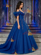 Blue Tulle Off the Shoulder Appliques Quinceanera Dress