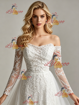 White Tulle Lace Strapless Long Sleeve Wedding Dress