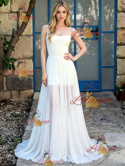 White Chiffon Spaghetti Straps Wedding Dress