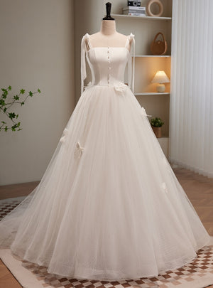 White Tulle Spaghetti Straps Pearls Bow Wedding Dress