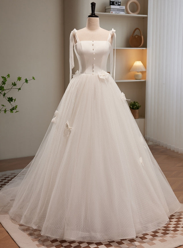 White Tulle Spaghetti Straps Pearls Bow Wedding Dress