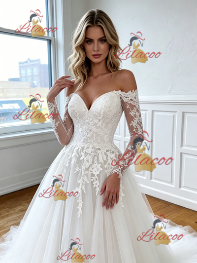 White Tulle Lace Appliques Wedding Dress