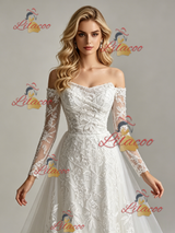 White Tulle Lace Strapless Long Sleeve Wedding Dress