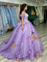 Purple Tulle Off the Shoulder Appliques Quinceanera Dress