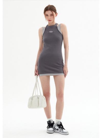 Letter Printed Stitching Fake Two-piece Dress