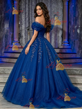 Blue Tulle Off the Shoulder Appliques Quinceanera Dress